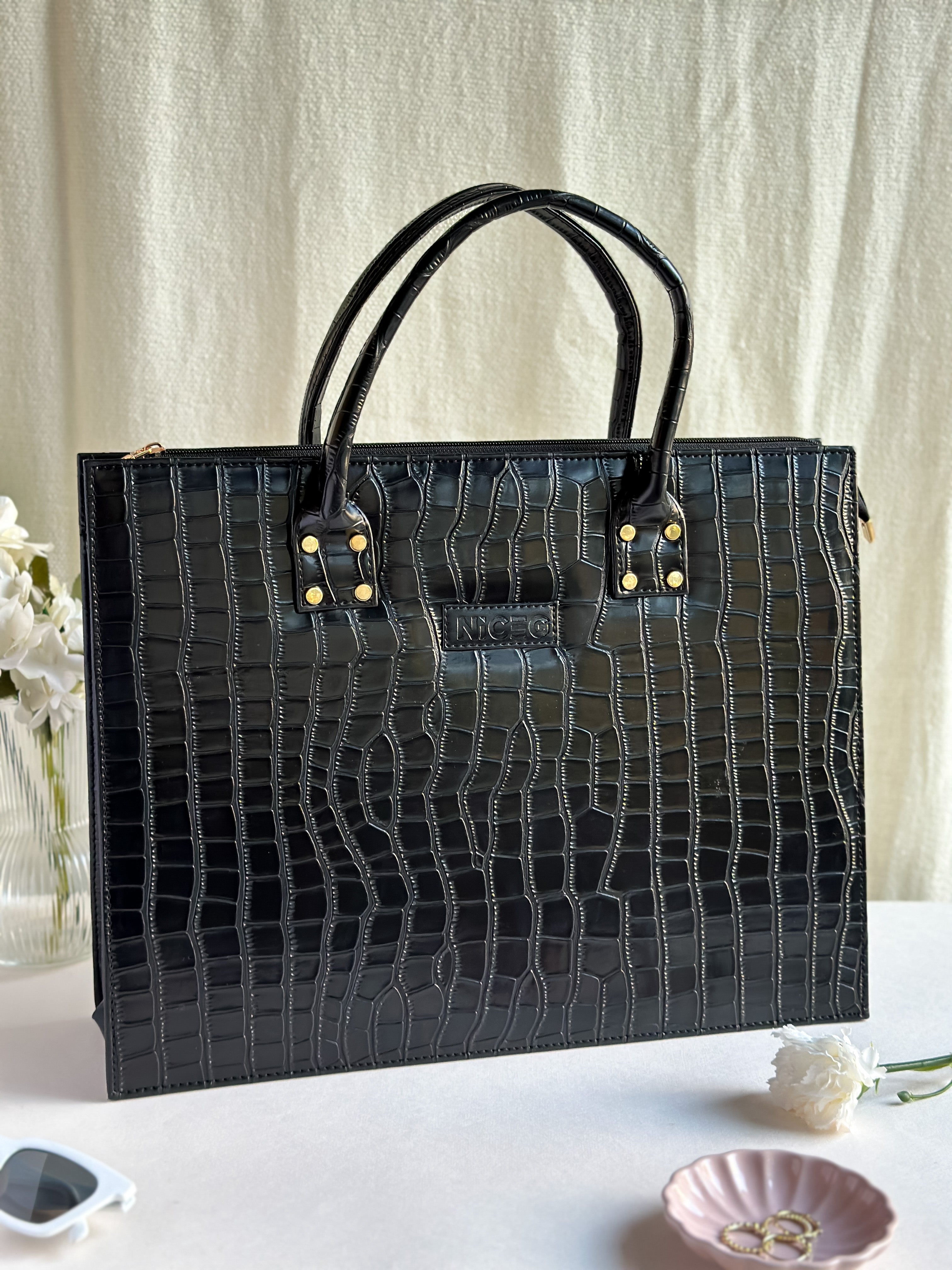 Croc Luxe Tote – Structured Work Bag – Black